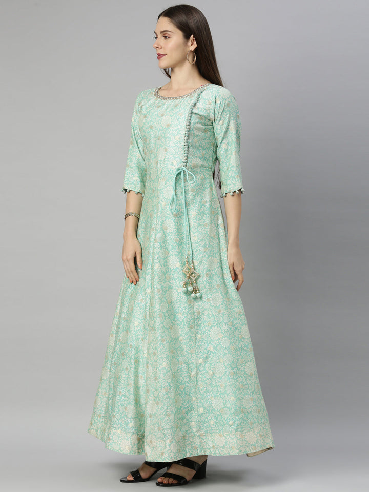 Neerus Green Chanderi Embroidered Anarkali Suit Set - side view