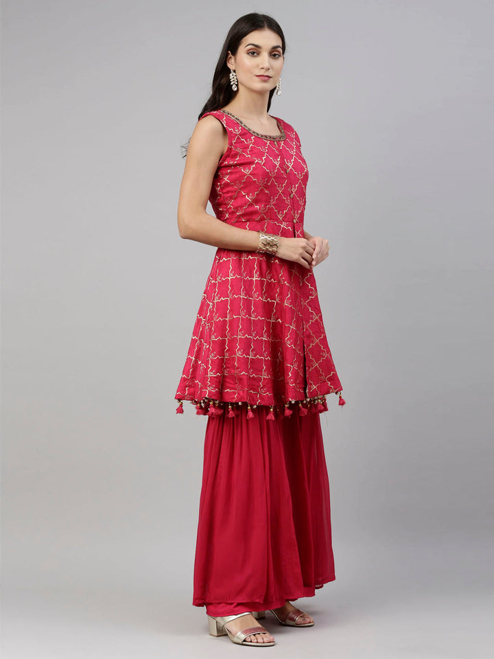 Neerus Pink Banarasi woven anarkali suit set - detail view 1