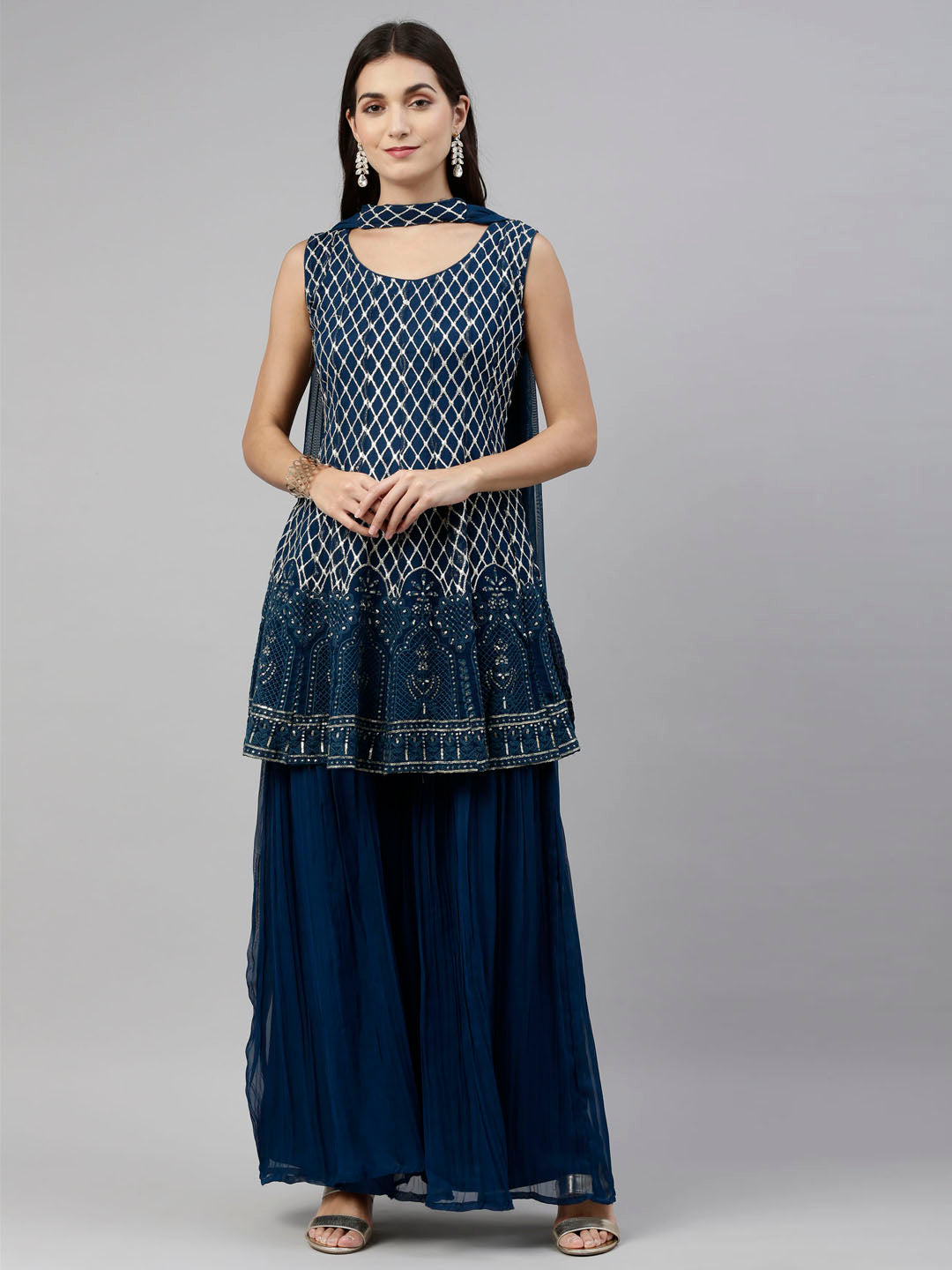 Neerus Blue Georgette Anarkali Suit Set - front view