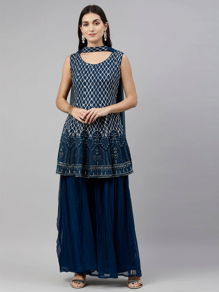 Neerus Blue Georgette Anarkali Suit Set - front view