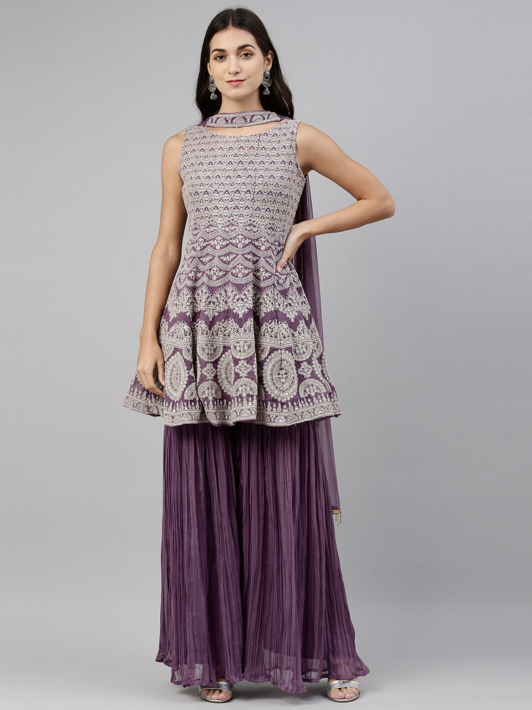 Neerus Purple georgette anarkali suit set - front view