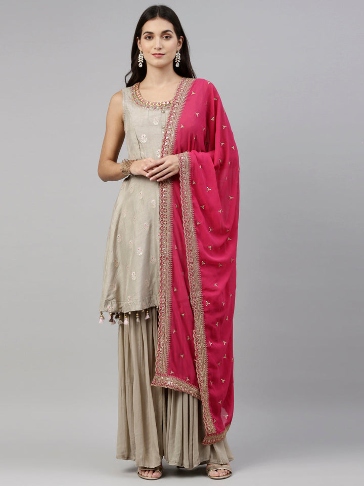 Neerus Grey silk embroidered anarkali suit set - front view