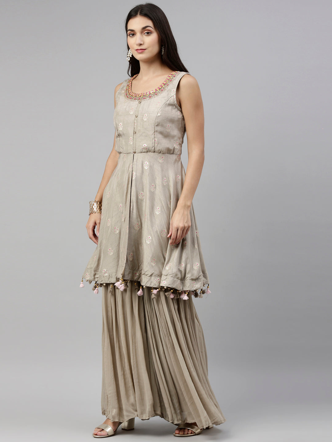 Neerus Grey silk embroidered anarkali suit set - side view