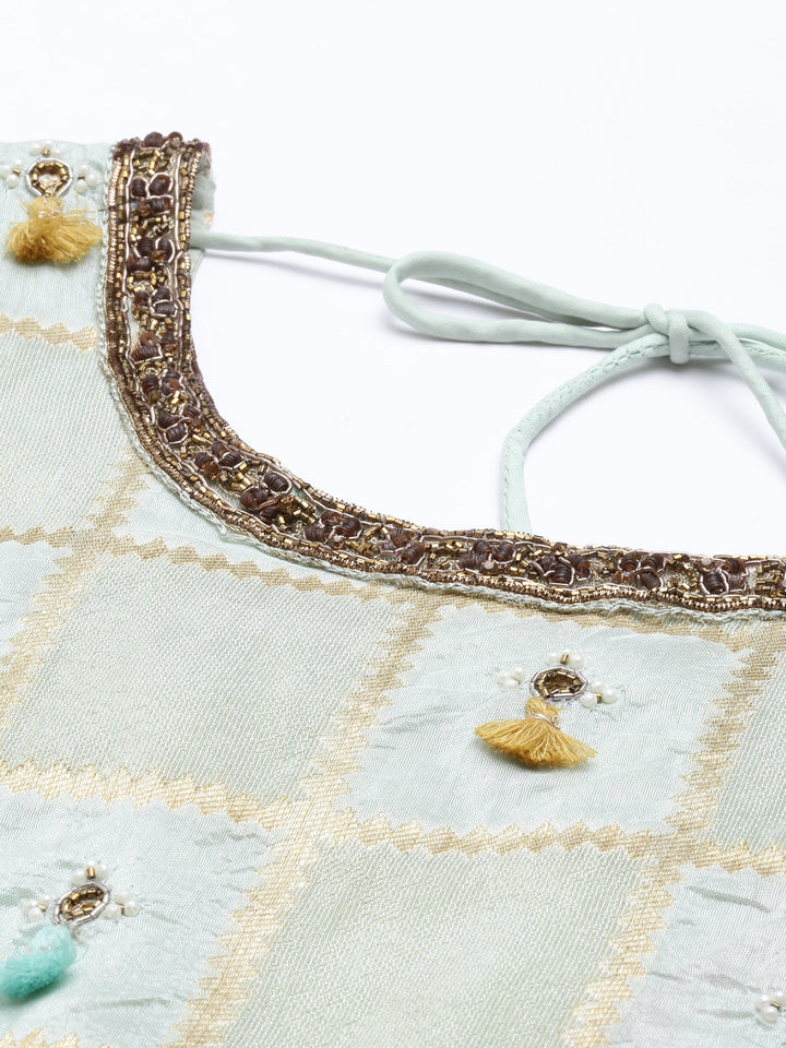 Neerus Green silk embroidered kurta set with sharara - detail view 6