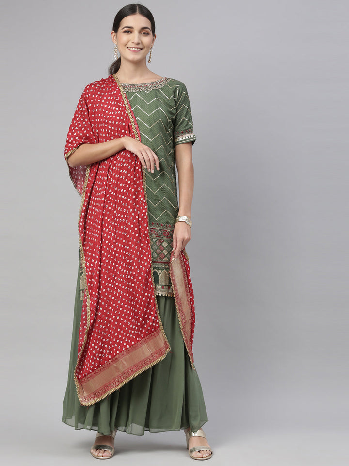Neerus Green Chanderi printed kurta set - detail view 8