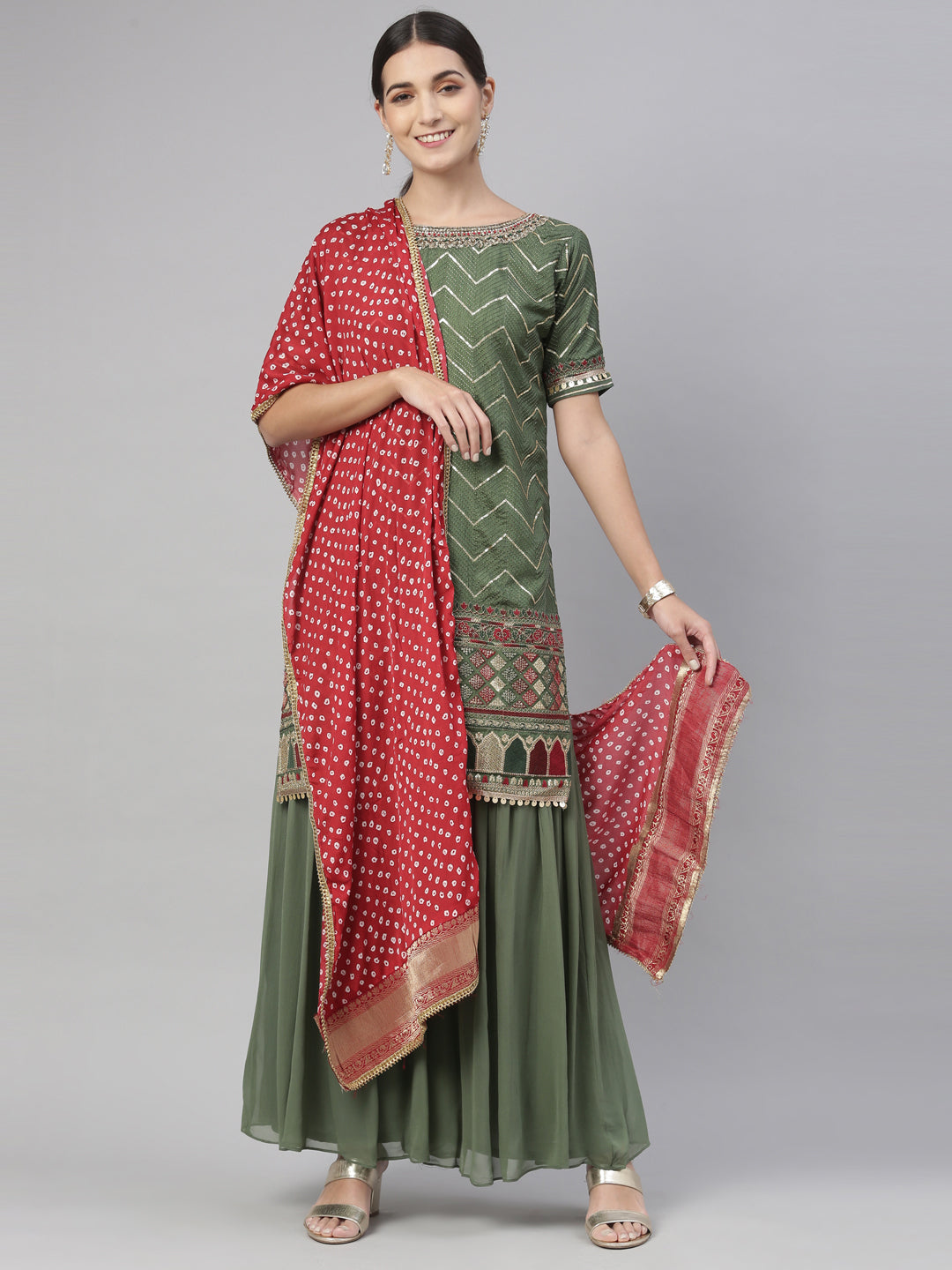 Neerus Green Chanderi printed kurta set - front view