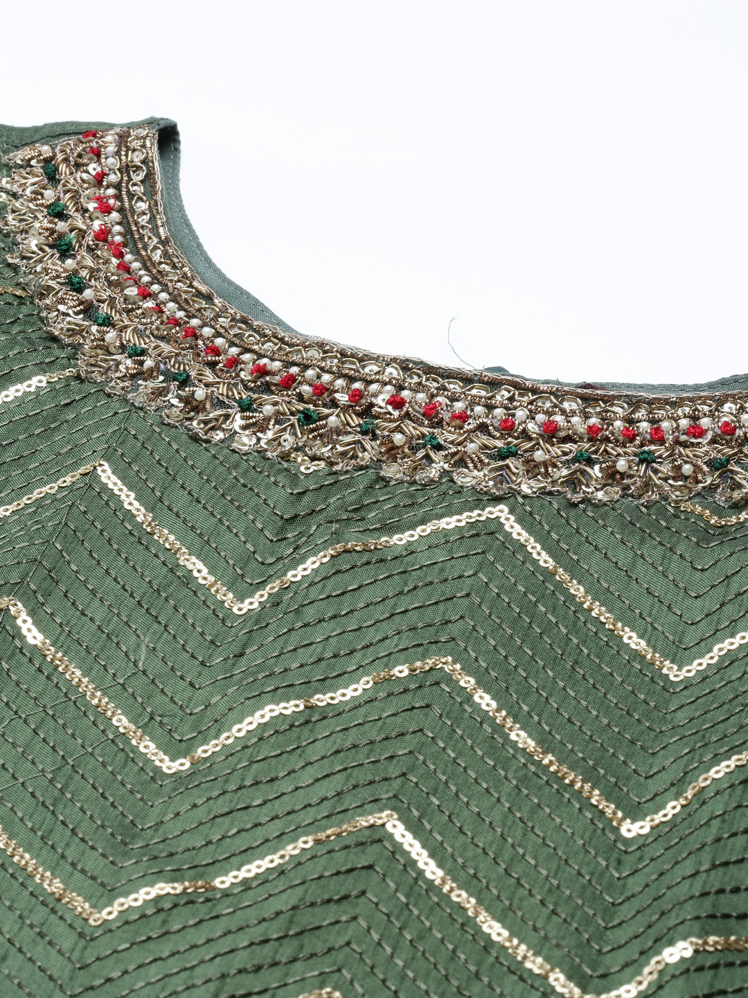 Neerus Green Chanderi printed kurta set - detail view 1
