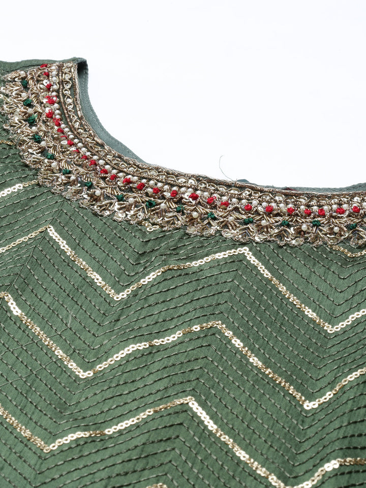 Neerus Green Chanderi printed kurta set - detail view 1