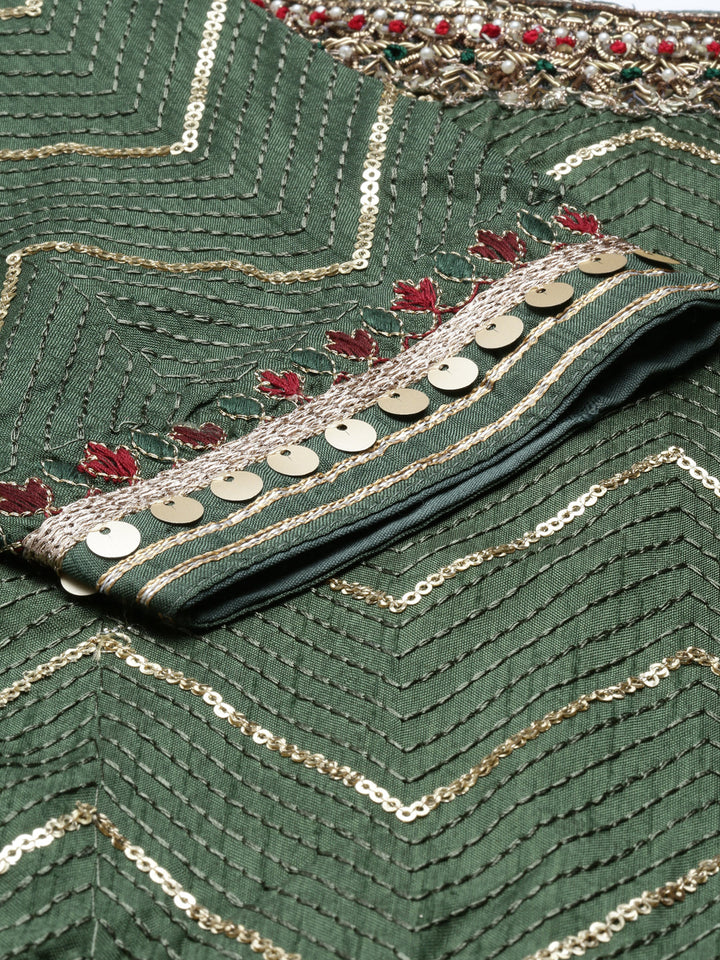 Neerus Green Chanderi printed kurta set - detail view 2