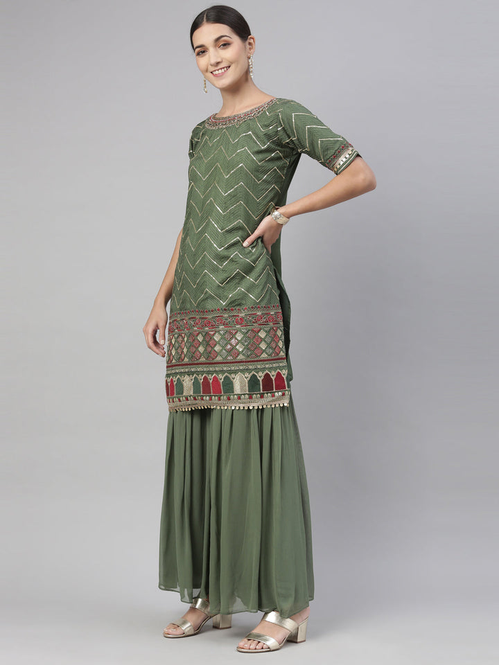 Neerus Green Chanderi printed kurta set - detail view 5