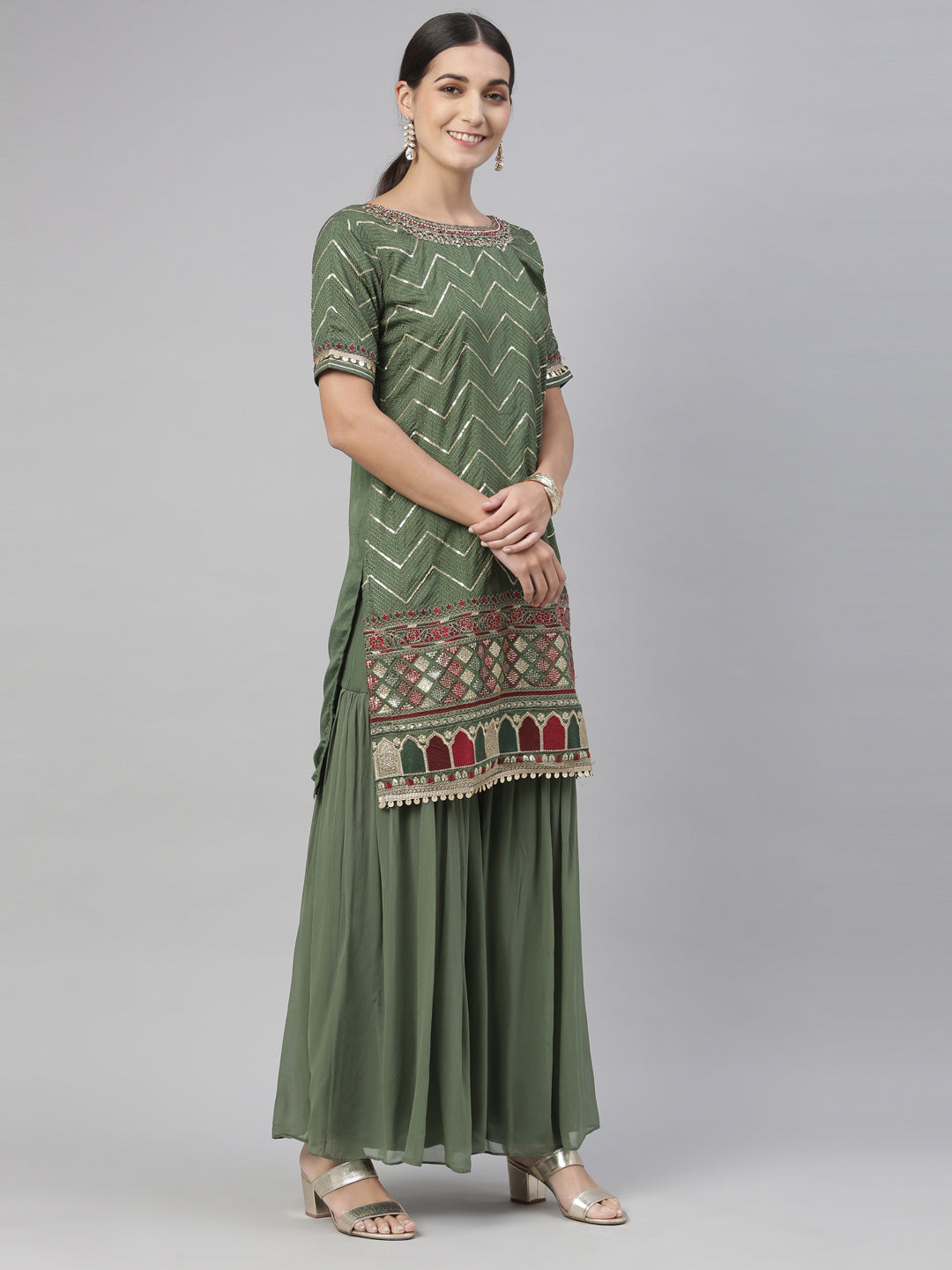 Neerus Green Chanderi printed kurta set - detail view 6