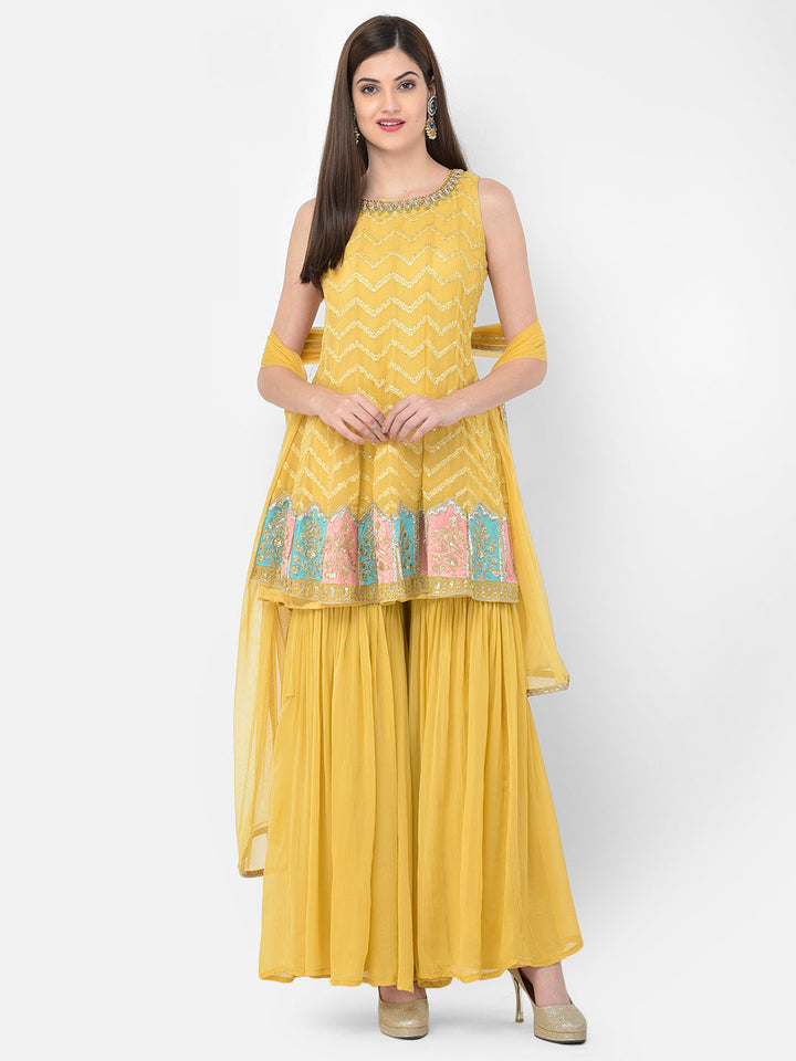 Neerus Yellow georgette embellished kurta set - front view