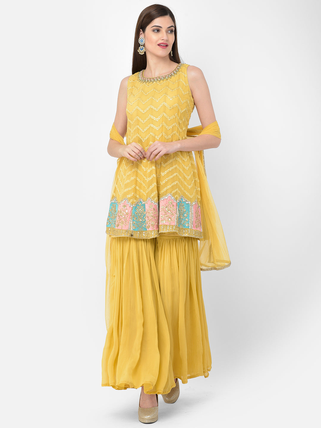Neerus Yellow georgette embellished kurta set - side view
