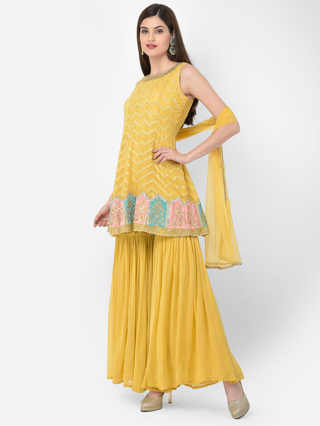 Neerus Yellow georgette embellished kurta set - detail view 1