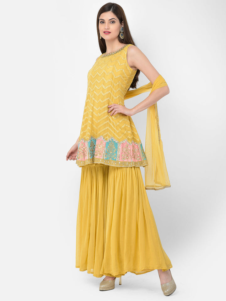 Neerus Yellow georgette embellished kurta set - detail view 1