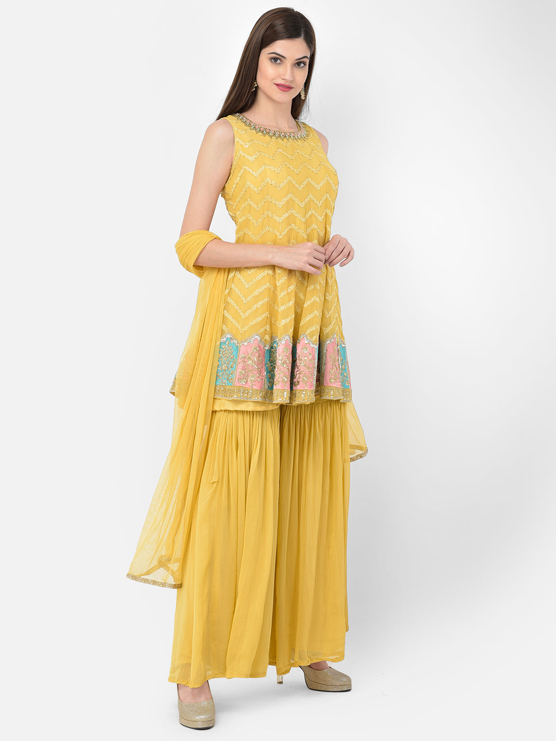 Neerus Yellow georgette embellished kurta set - detail view 2