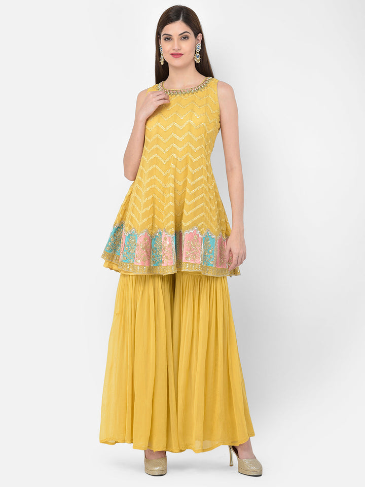 Neerus Yellow georgette embellished kurta set - detail view 5
