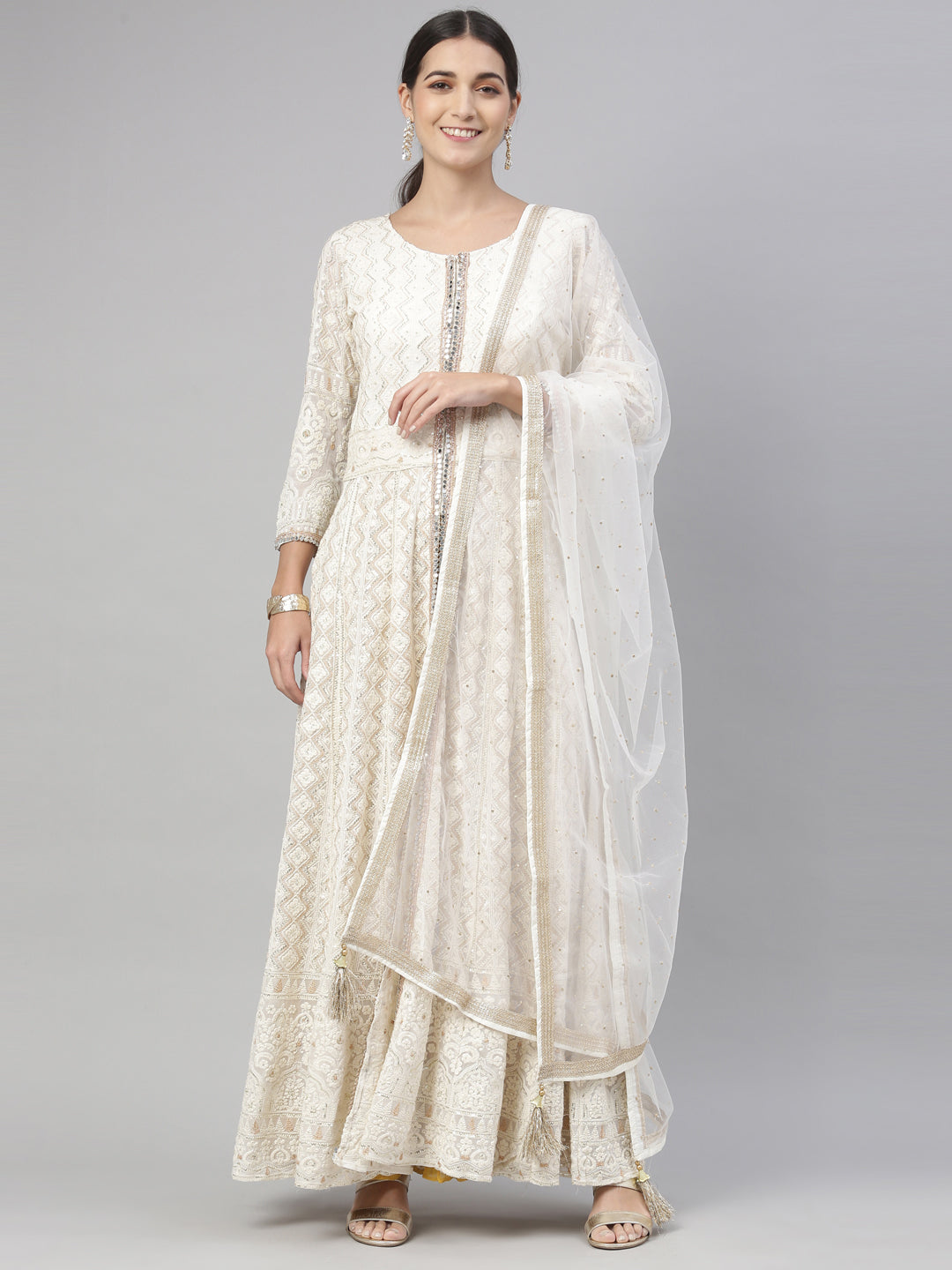 Neerus White georgette embroidered kurta set - detail view 7