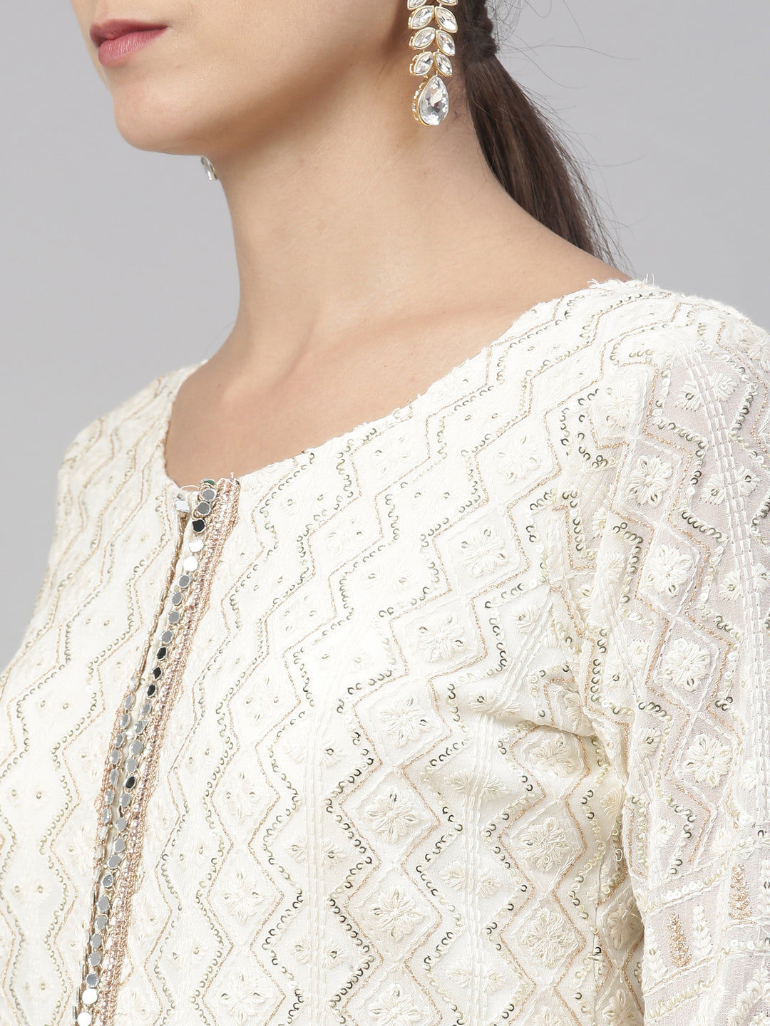 Neerus White georgette embroidered kurta set - front view