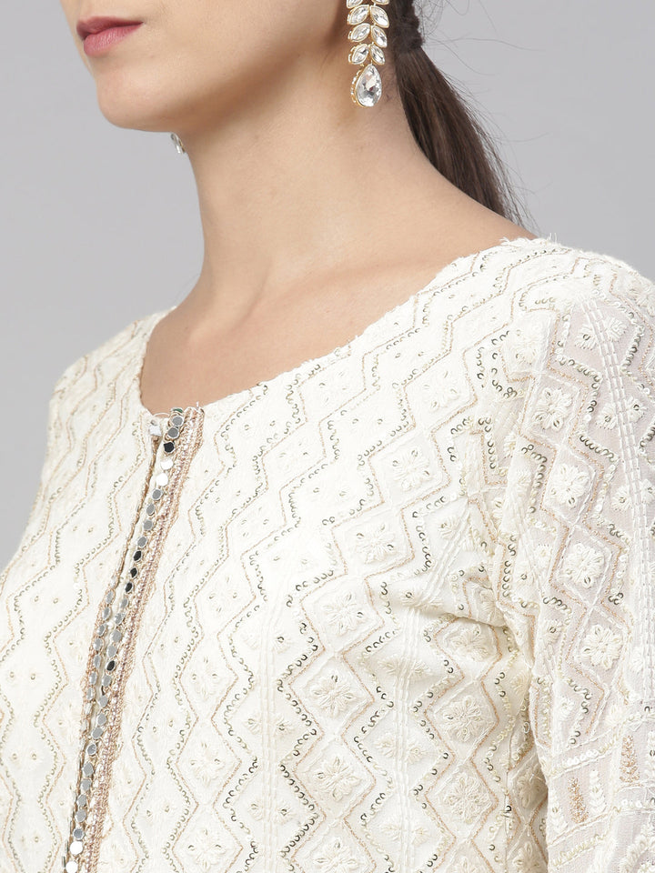 Neerus White georgette embroidered kurta set - front view