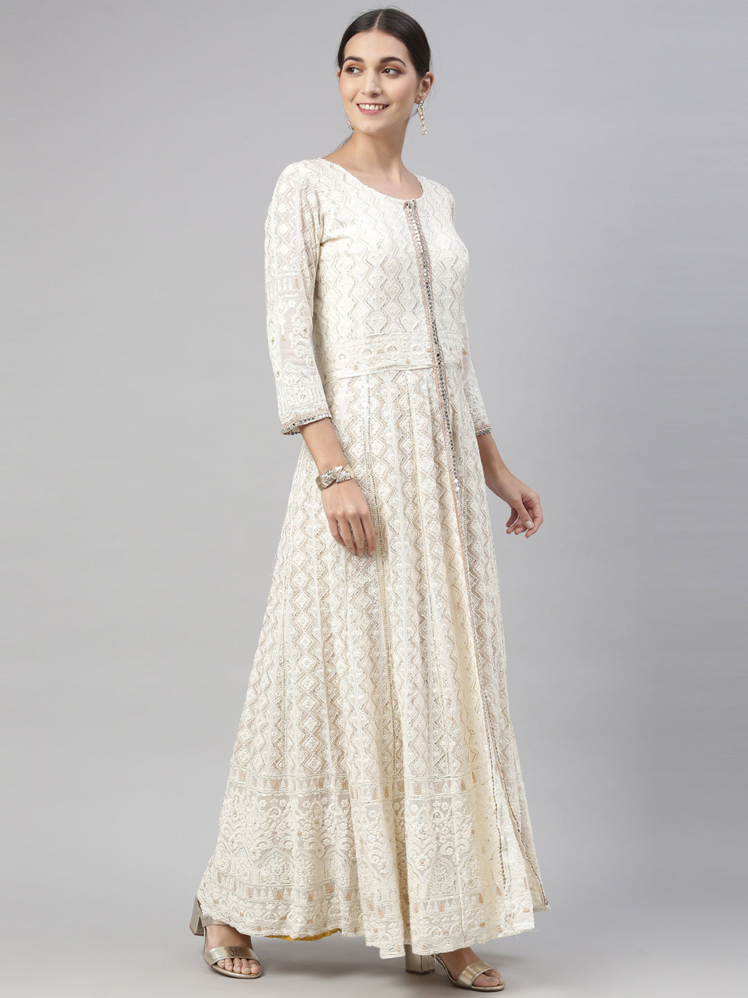 Neerus White georgette embroidered kurta set - detail view 4