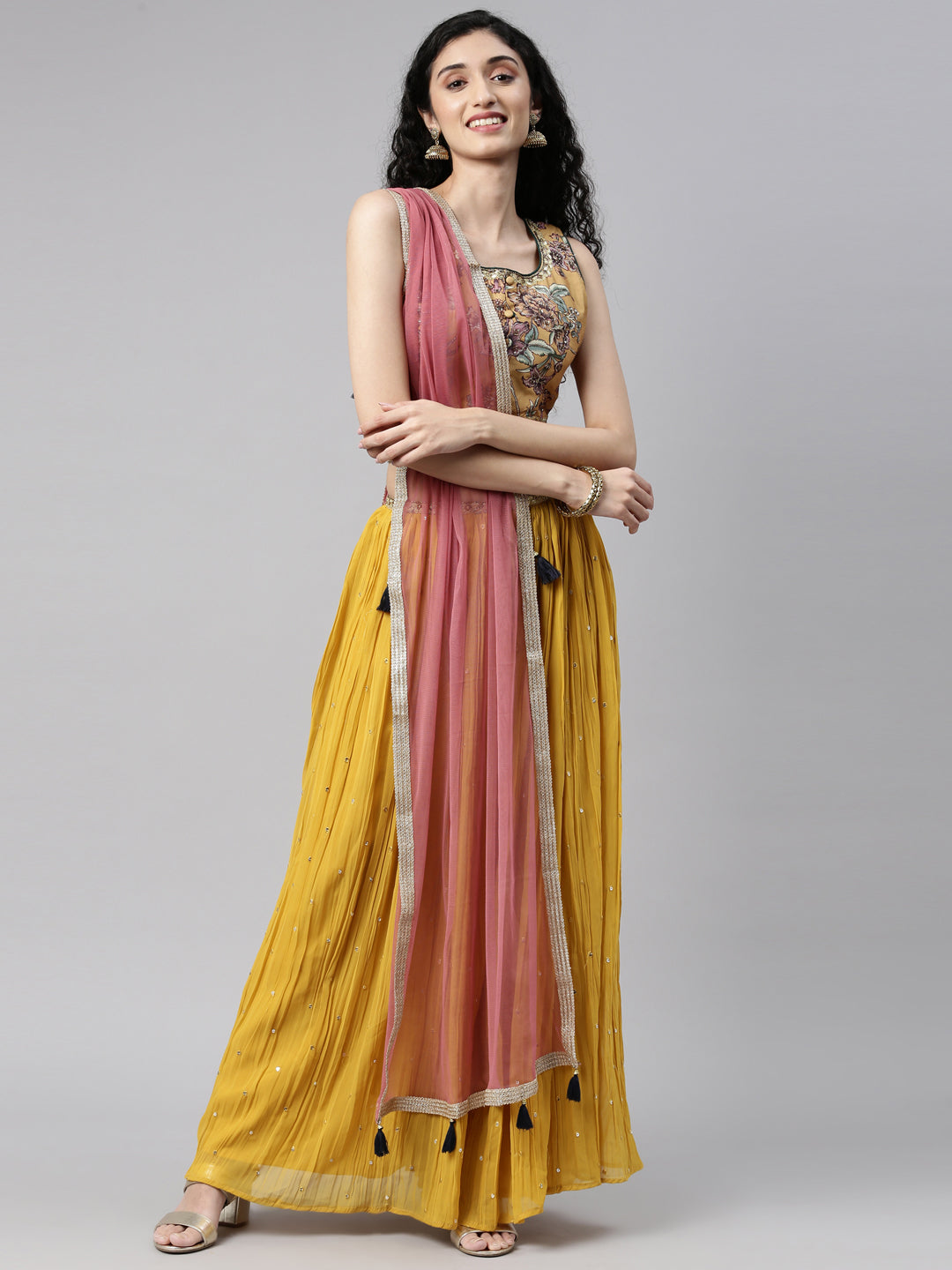 Neerus Yellow georgette embellished lehenga set - detail view 5