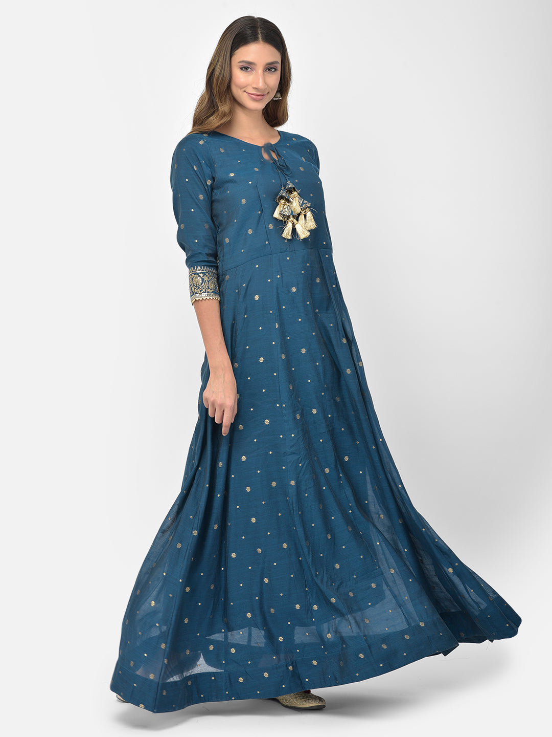 Neerus Blue Chanderi embroidered Anarkali kurta set - front view