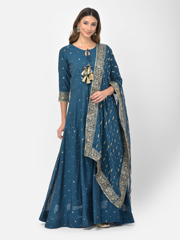 Neerus Blue Chanderi embroidered Anarkali kurta set - detail view 15