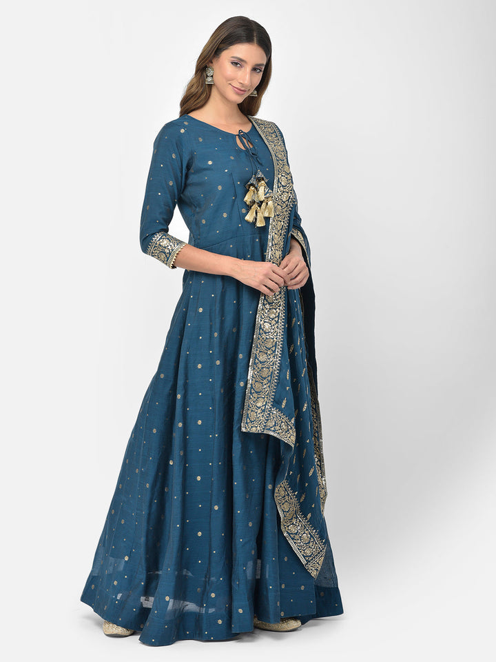 Neerus Blue Chanderi embroidered Anarkali kurta set - detail view 8