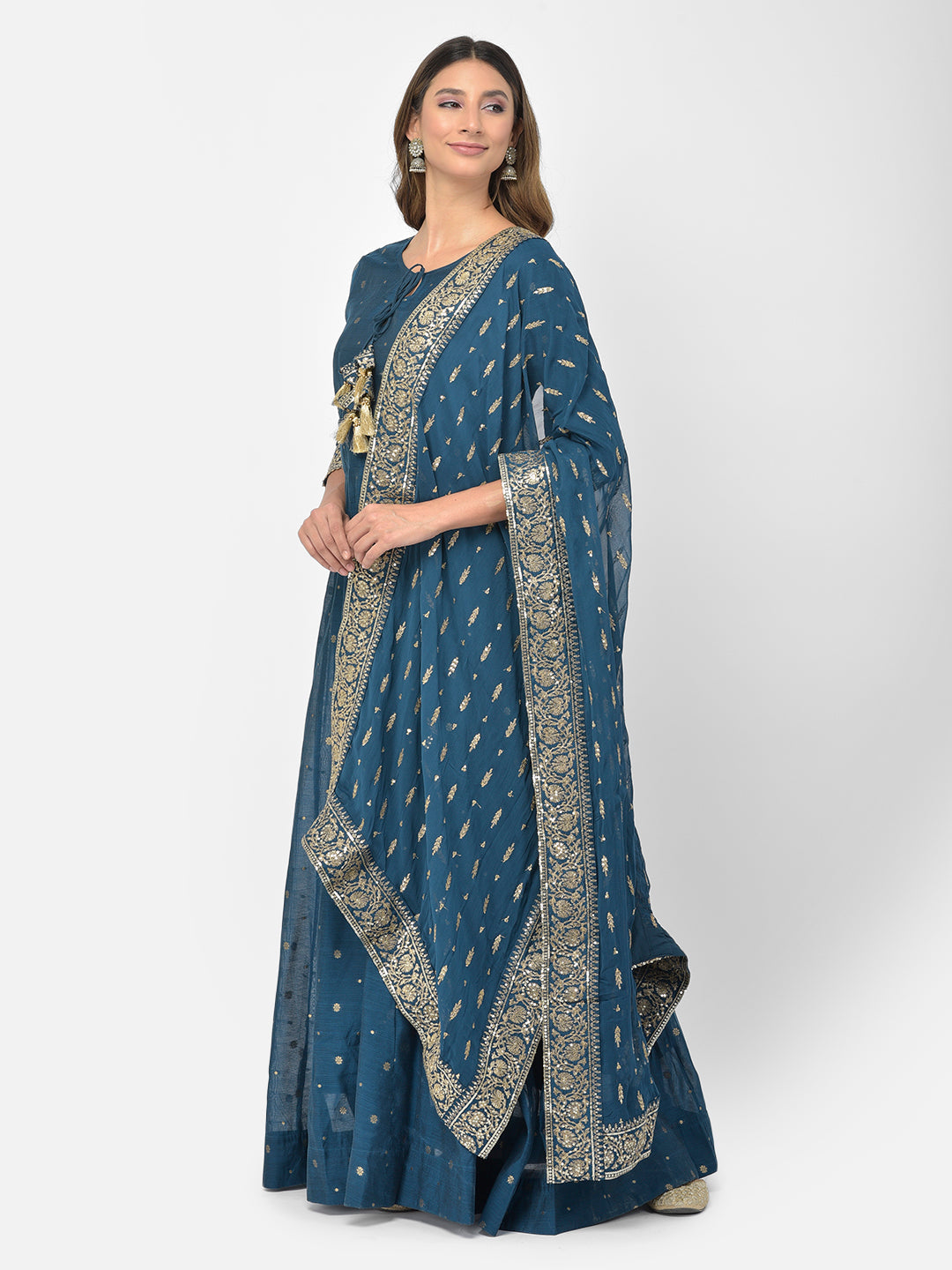 Neerus Blue Chanderi embroidered Anarkali kurta set - detail view 9