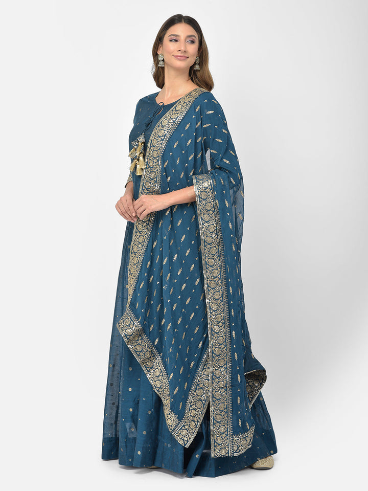 Neerus Blue Chanderi embroidered Anarkali kurta set - detail view 9