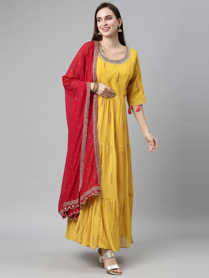 Neerus Yellow Georgette Embellished Anarkali Kurta Set - detail view 7
