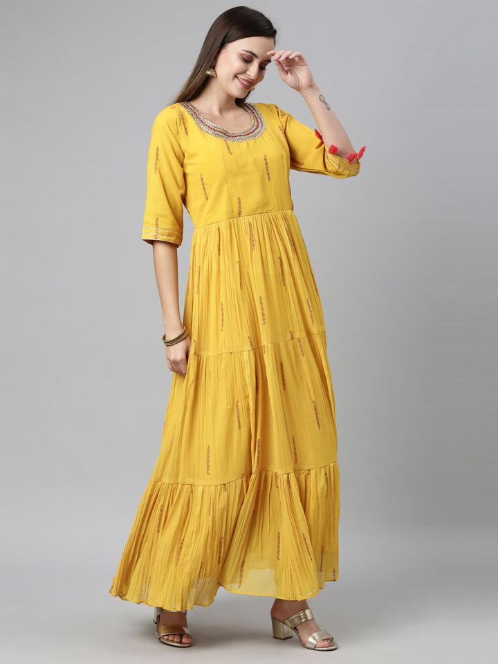 Neerus Yellow Georgette Embellished Anarkali Kurta Set - back view