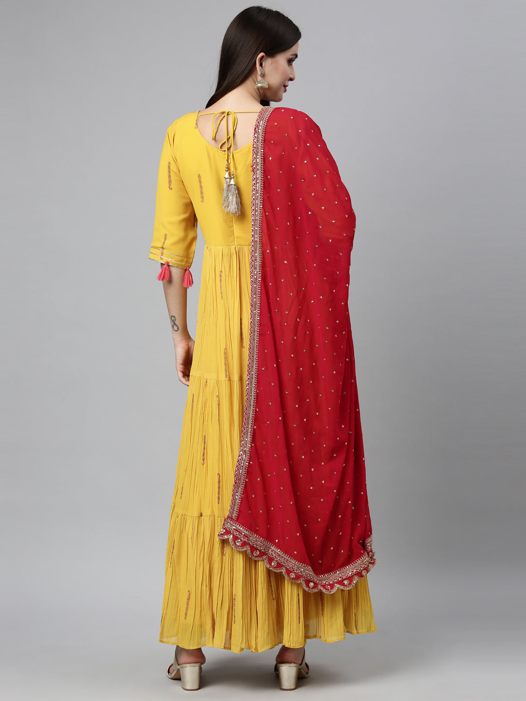 Neerus Yellow Georgette Embellished Anarkali Kurta Set - side view