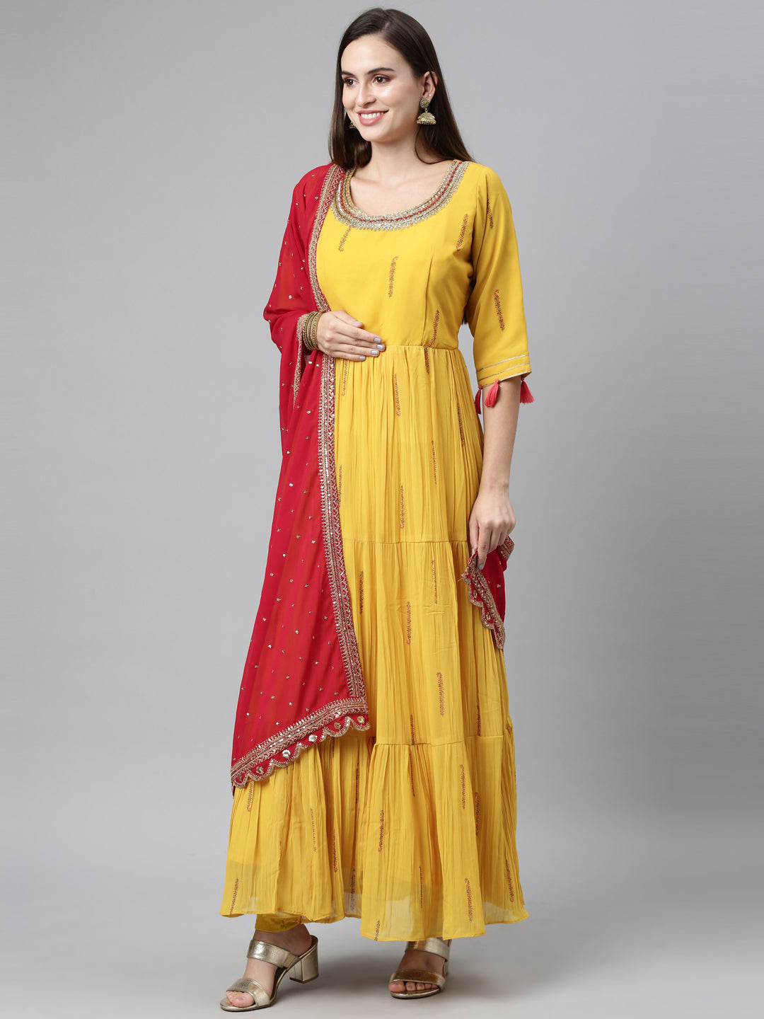 Neerus Yellow Georgette Embellished Anarkali Kurta Set - front view