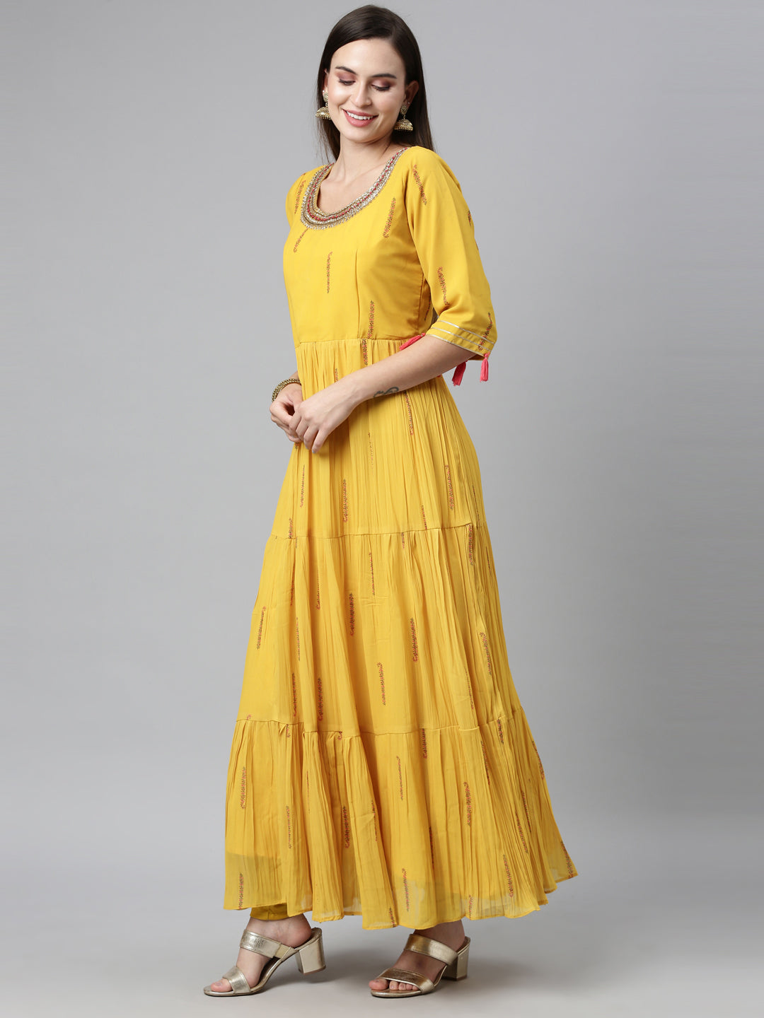 Neerus Yellow Georgette Embellished Anarkali Kurta Set - detail view 2
