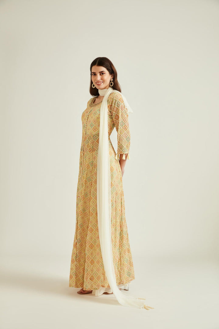 Neerus Beige georgette embroidered anarkali kurta set - front view