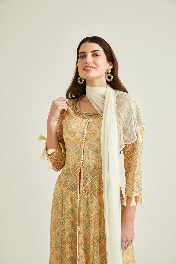 Neerus Beige georgette embroidered anarkali kurta set - back view