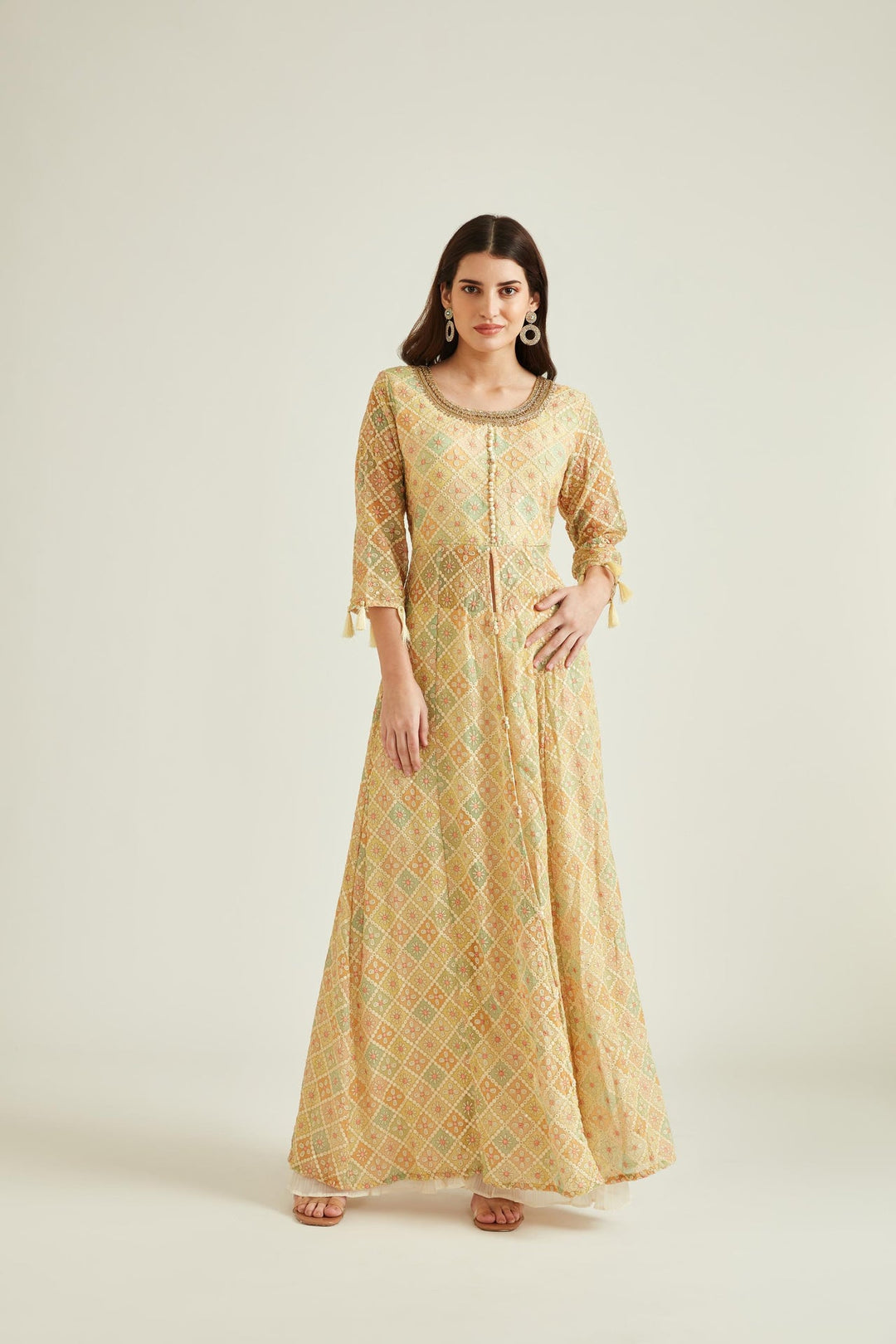 Neerus Beige georgette embroidered anarkali kurta set - detail view 1