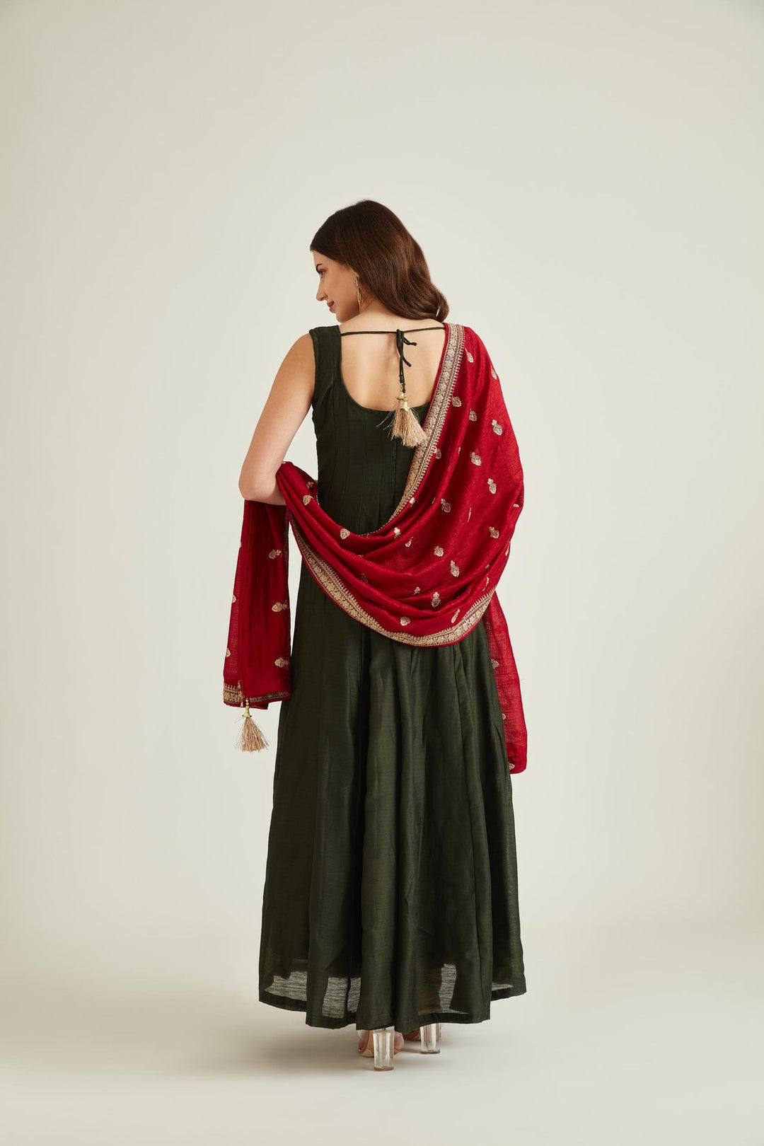 Neerus Green silk embellished Anarkali kurta set - back view