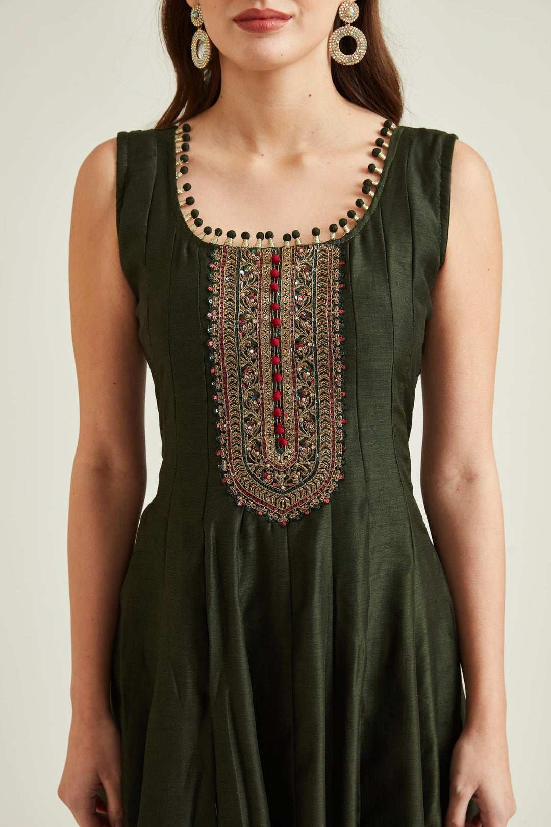 Neerus Green silk embellished Anarkali kurta set - side view