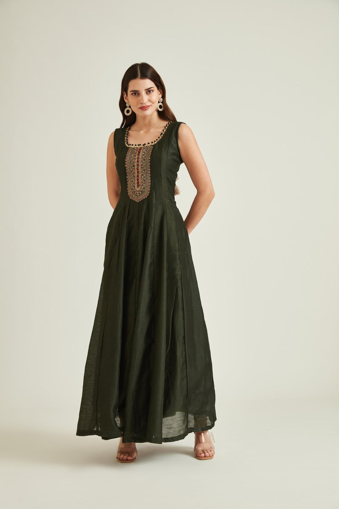 Neerus Green silk embellished Anarkali kurta set - detail view 1