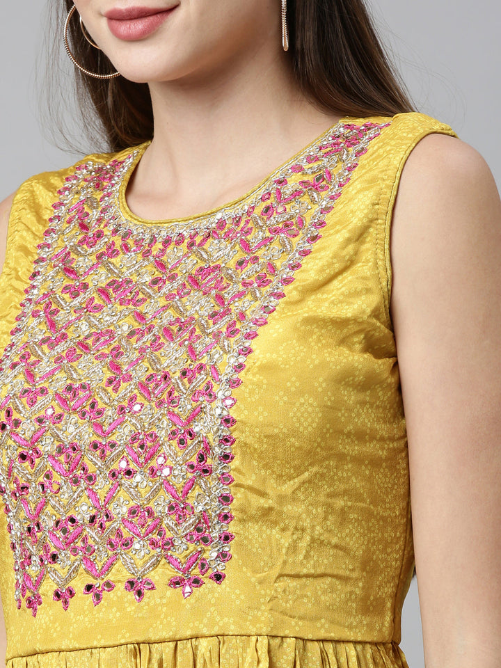 Neerus Yellow silk embroidered kurta set with sharara and dupatta - detail view 1