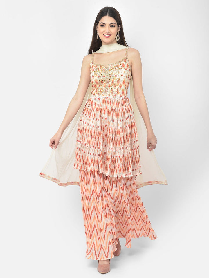 Neerus Multi silk printed kurta set with sharara and dupatta - front view