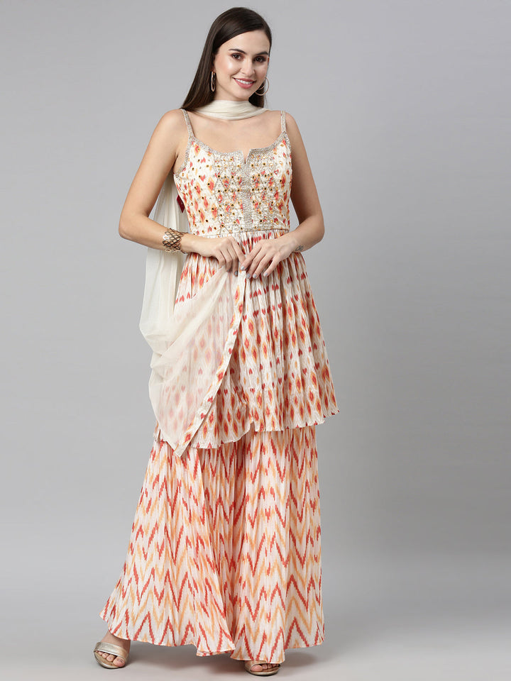 Neerus Multi silk printed kurta set with sharara and dupatta - detail view 14
