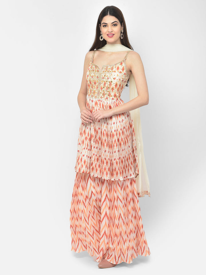 Neerus Multi silk printed kurta set with sharara and dupatta - back view