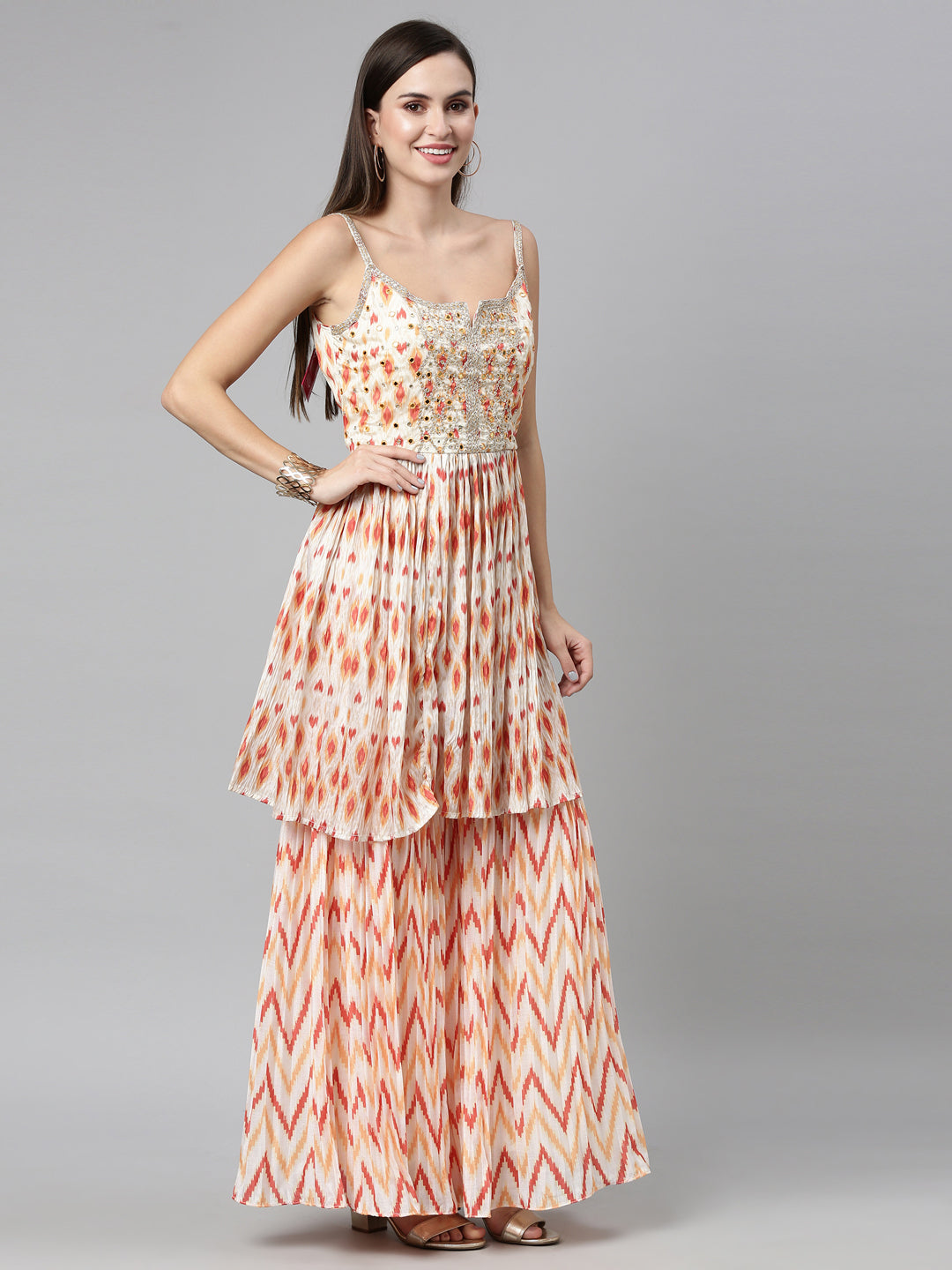 Neerus Multi silk printed kurta set with sharara and dupatta - detail view 6