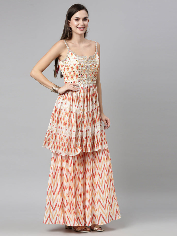 Neerus Multi silk printed kurta set with sharara and dupatta - detail view 6