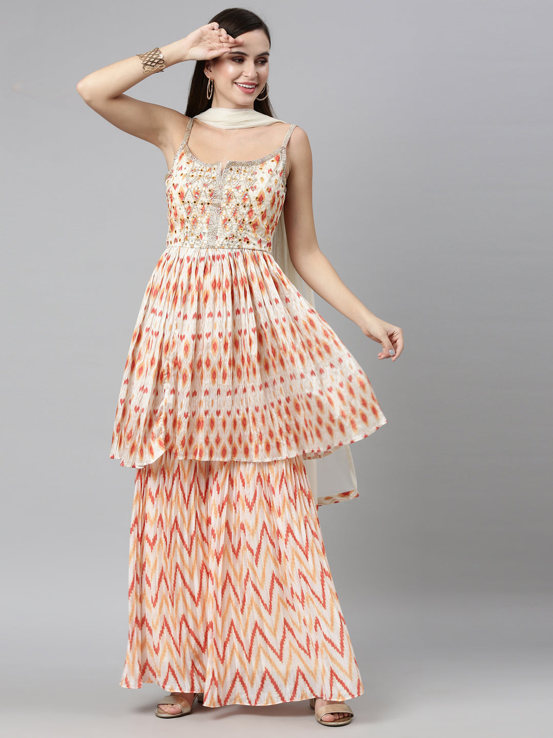 Neerus Multi silk printed kurta set with sharara and dupatta - detail view 9