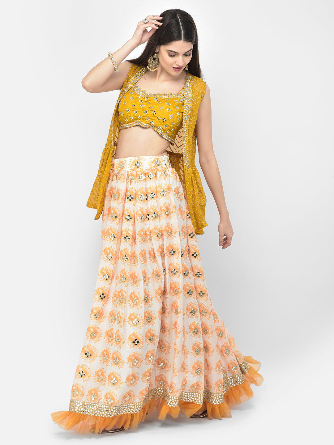 Neerus Yellow georgette embroidered suit set - front view